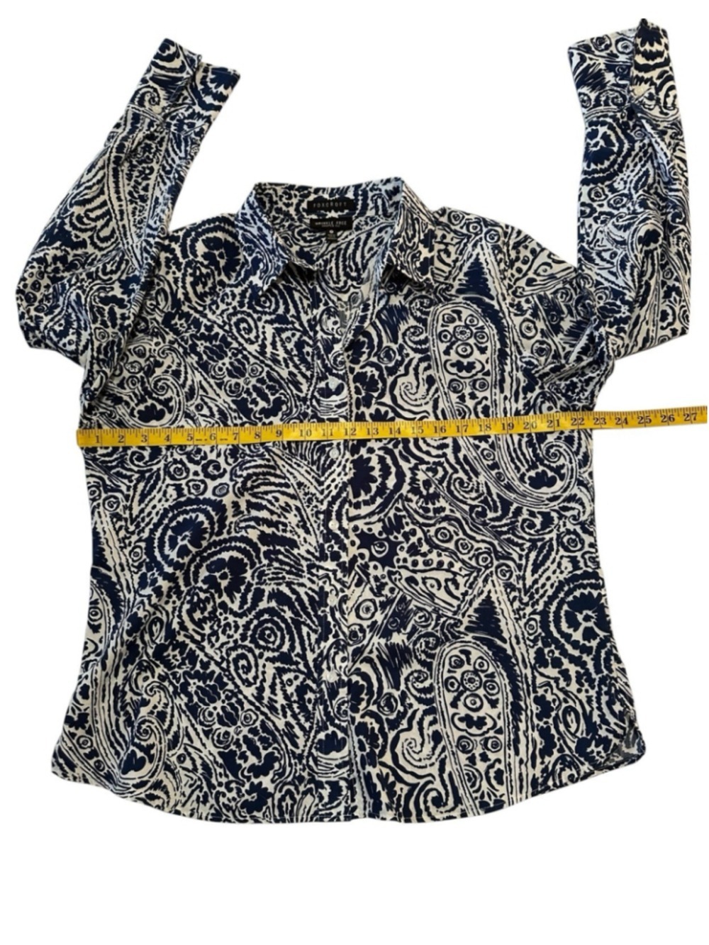 Foxcroft Chic Button-down Blouse Womens 14 Blue White Eclectic Floral Art Summer - Picture 11 of 17